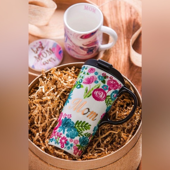 BNIB Evergreen Mom Floral Metallic Ceramic Travel Cup with Lid Mothers Day Gift - Picture 3 of 7